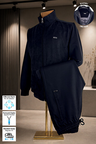 BESSA Black Suede Detailed Tracksuit Set with Stand Collar, Standard Fit, Zip...