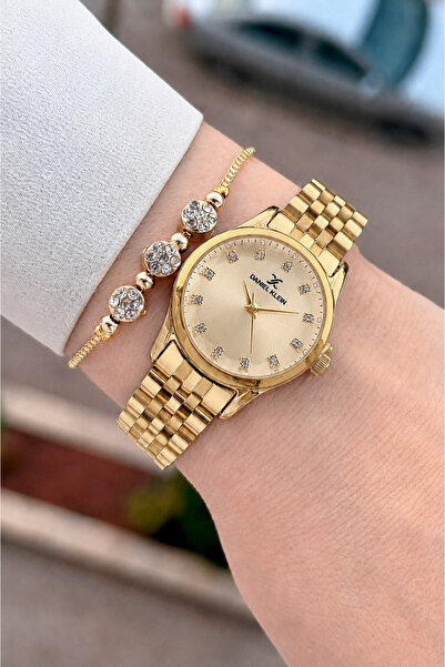Daniel Klein 28 mm Women's Wristwatch with Yellow Dial and Gold Color Band, 2...