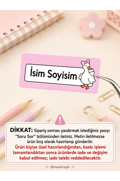Hayali Çizgili Kişiye Özel İsim Etiketi Sticker Ördek Figürlü 33 Adet A4 Taba...
