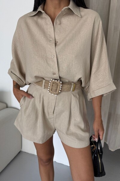 Suziş Belted Linen Shirt Shorts Set 51036