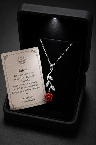 ÇEKİRDEK JEWELRY Işıklı Hediye Kutulu 925 Ayar Gümüş Rodyum Kaplama Ters Güll...