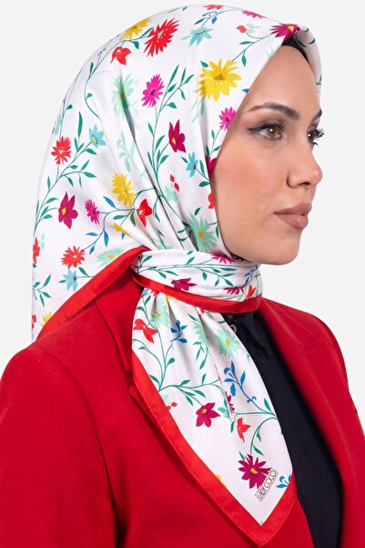 hadiora Kadın Beyaz Kırmızı Çiçek Desenli Organik Pamuk Soft Eşarp