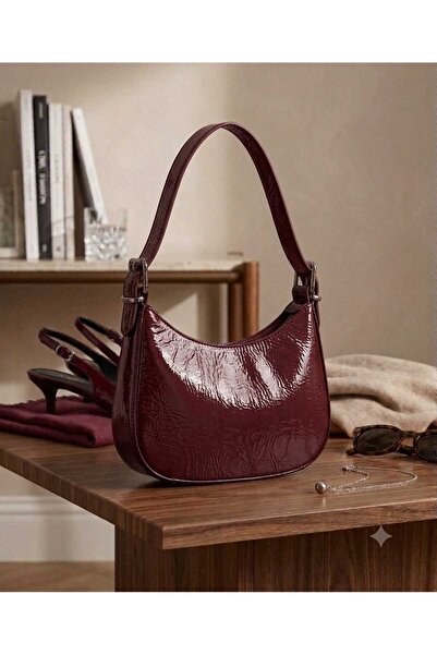 METEBAGS Bordo Suni Deri Detaylı Fermuarlı El, Kol & Omuz Çantası