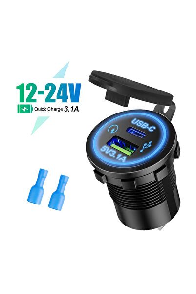 Choice6 Blue TYPE-C Universal Motorcycle Car Charger LED Light USB TYPE-C Cha...