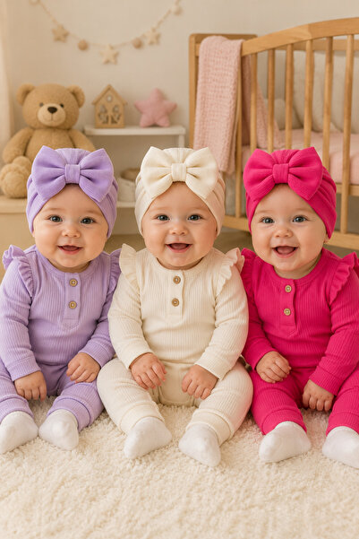 Pico Baby طقم قبعات أطفال بفيونكة مكون من 3 قطع - كريمي/أرجواني/فوشيا