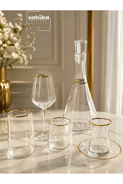 Şahika Kristal cama atılan imza 61 Piece Vera Gold Glass Cup Set for 12 Peopl...
