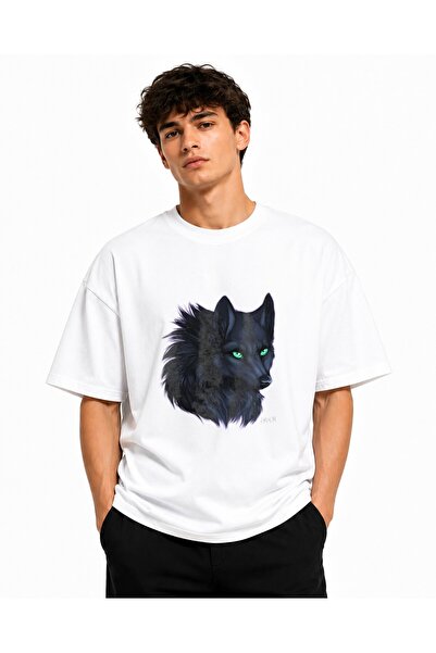 Inscriptie Ουνισέξ Βαμβακερό T-shirt Υψηλής Ποιότητας "Λύκος με πράσινα μάτια "
