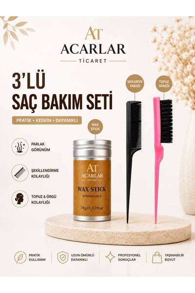 Acarlar Ticaret Stick Wax Topuz Fırçası Krepe Tarağı 3Lü Profesyonel Set