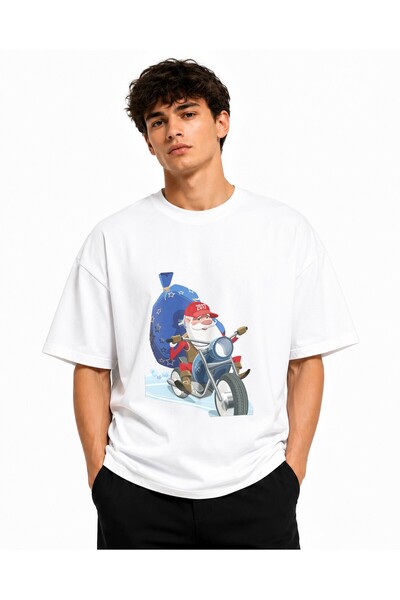 Inscriptie Tricou Unisex Bumbac Premium Casual " Santa claus on a motorcycle "