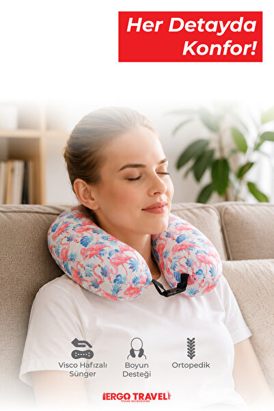 Viscofoam Colorful Ortopedik Seyahat Yastığı Visco Boyun Destekli Seyahat Yastığı - Flamingo | Ergo Travel