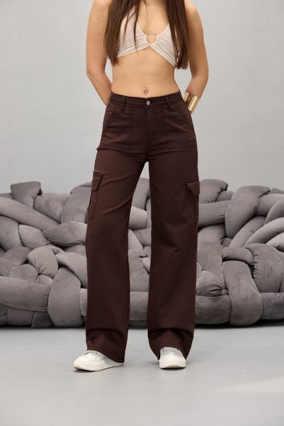 BİKELİFE Brown Cargo Pocket Lycra High Waist Wide Leg Trousers