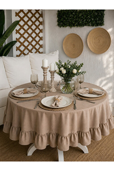 Decamor home Pearl Velvet Textured Vintage Milk Coffee Ruffled Round Tableclo...
