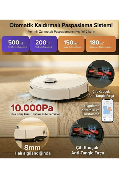 Roborock 10000 pa Robot Süpürge, Halı Tanıma Mop Kaldırma, 300m2 - Sonic Titr...