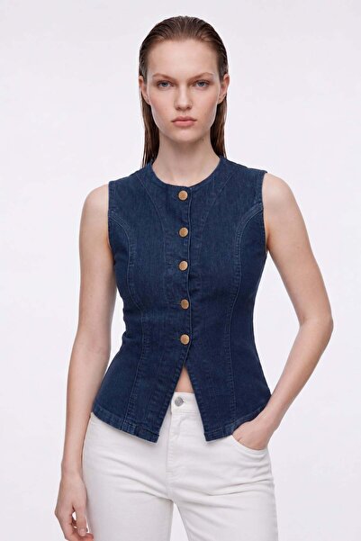 HAKKE Gold Düğmeli Dikiş Detaylı Denim YELEK