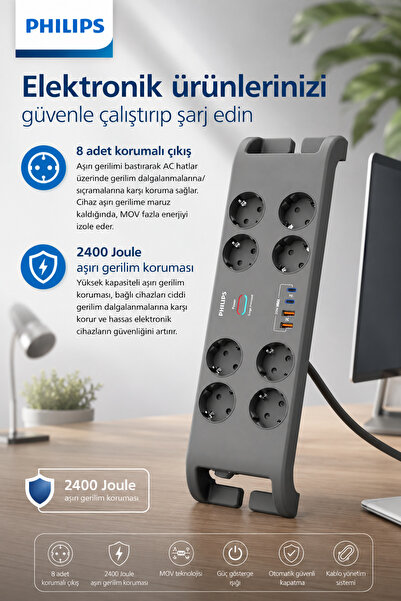 Philips SPN8180GA Akım Korumalı Priz 8'li + 2x Usb-A 18W + 2x Usb-C 20W - 2m Kablo - Siyah
