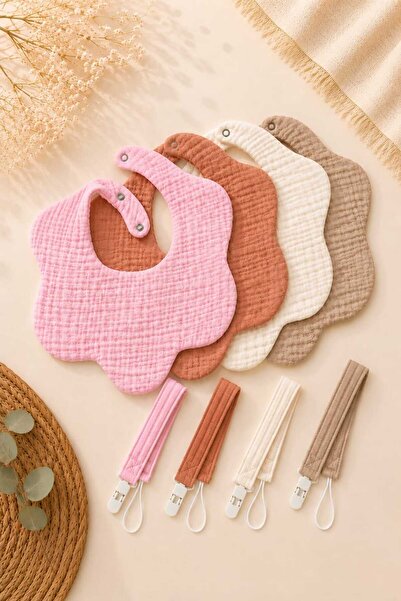 3Baby 8 Parça Set / %100 Organik Pamuklu 8 Katlı Müslin Bebek Mama Önlüğü, Salya Önlüğü 4 Adet / 8 Katlı Müslin Emzik Askısı 4 Adet / Bebek Hediyelik