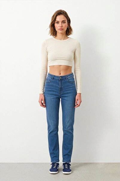 blue white Women's Blue High Waist Slim Fit Lycra Jean Trousers