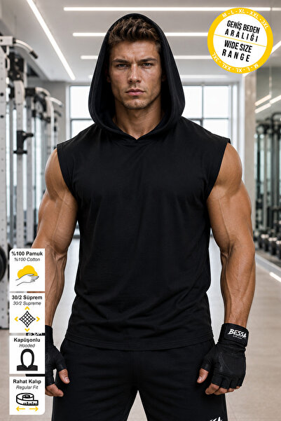 BESSA تي شيرت رجالي من القطن الفاخر بغطاء رأس من Black Sportsman Athlete/Atlet