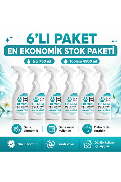 REMUVR Enzimli İdrar Lekesi ve Koku Giderici Sprey 750 ml x 6 Adet – 4,5 Litre Ekonomik Paket