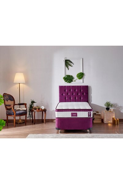 Niron Yatak Violet Yatak Seti Tek Kişilik Yatak Baza Başlık Takımı, Orta Sert Yatak Mor Baza Ve Taşlı Başlık