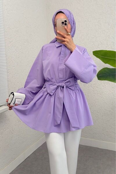 Modamorfo Half-Buttoned, Tie-Waist, Side-Zip Tunic -Lilac