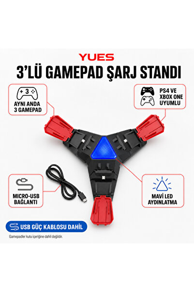 YUES PS4 DualShock 4 Üçlü Şarj İstasyonu – LED Göstergeli PlayStation 4 Uyuml...