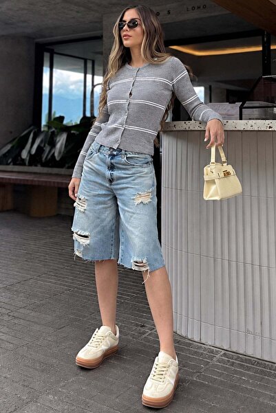 Madmext Gray Striped Women's Knitwear Cardigan Mg2481