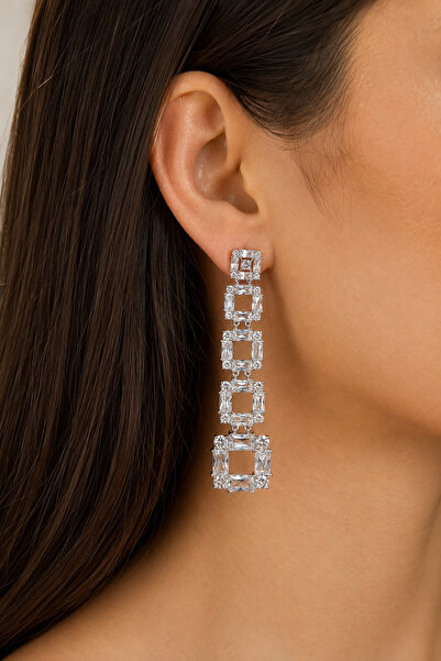 Valmont Accessories Zircon Stone Geometric Square Dangle Women's Earrings Sil...