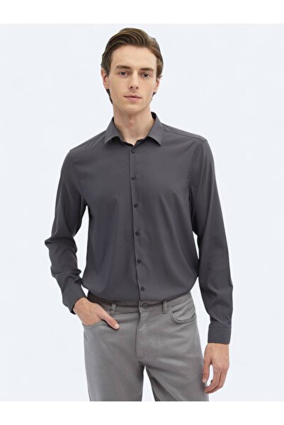 Kip Antrasit Düz Regular Fit Uzun Dokuma Casual Gömlek
