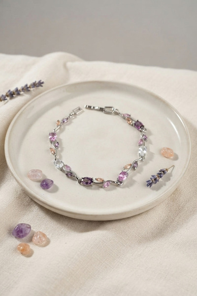 DMR Elegance Brass Silver Color Pink and Purple Zircon Stone Flower Model Wom...