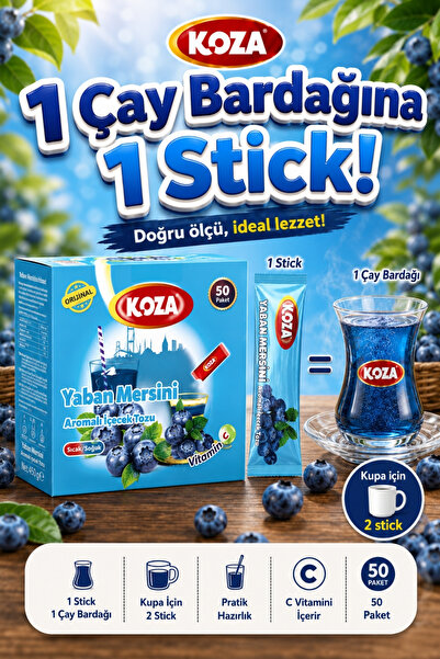 Koza Gurmelerin Seçimi Pratik Lezzet Yaban Mersini Aromalı Blueberry Çayı Premium İçecek Tozu 50 Stick