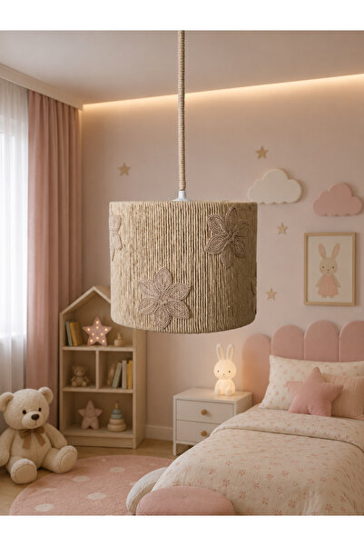 C&A&B KUZEY AVİZE Ekru Makrome Silindir Ip Sargılı Pembe Çiçek Aplikeli Kız B...