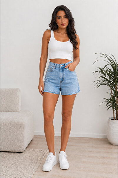 MODA Kadın Yüksek Bel Straight Fit Şort Jeans