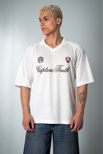 Plus Eighteen Capture Truth Polo Collar White Men's Football Jersey