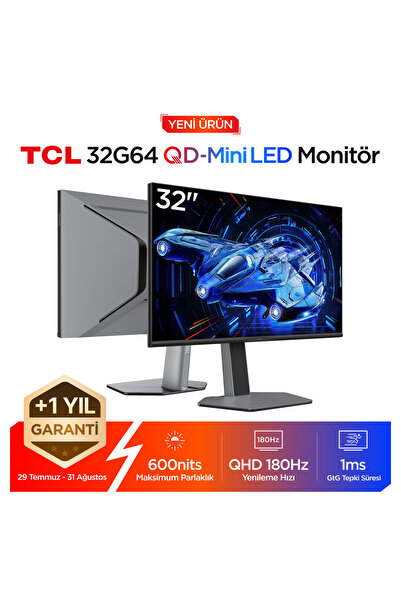 TCL 32G64 31,5 İnç QHD QD-Mini LED Oyuncu Monitörü, 180 Hz, 1 ms GTG, HDR600,...