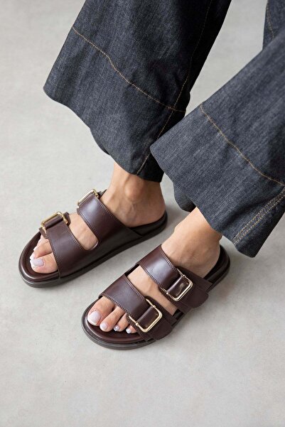 STRASWANS Axel Women's Buckle Detail Daily Comfort Leather Slippers Brown
