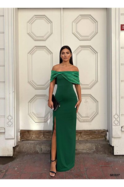 Modafeminen Flexible Crepe Fabric Bow Detail Shiny Satin Fabric Evening Dress...