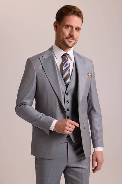 Ysf Erkek Gri Bej Slim Fit Sivri Yaka Yelekli Yün Takım Elbise