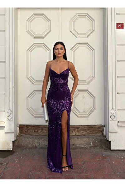 Modafeminen Trend Slit Velvet Pulpayet Dress Dark Purple 583293