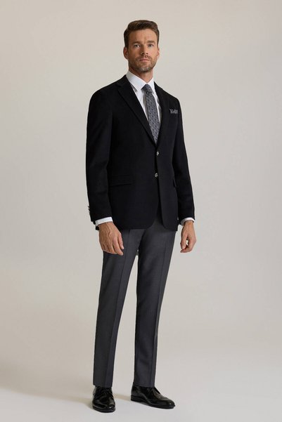 Ysf Erkek Siyah Regular Fit Mono Yaka Puntolu Yün-Kaşmir Karışımlı Blazer Ceket