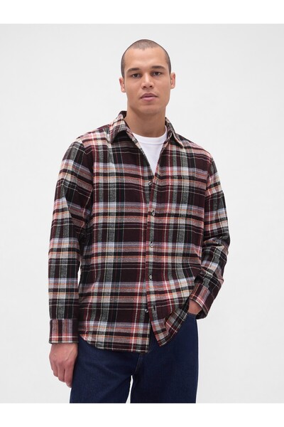 GAP Erkek Bordo Organik Pamuk Relaxed Flannel Gömlek