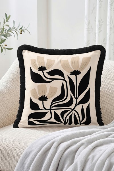 Realhomes Black Floral and Leaf Pattern Ecru Floor Fringed Throw Pillow Cover - Modern Decorative Pillowcase