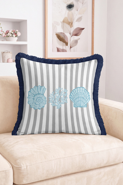 Realhomes Gray and White Striped Navy Blue Fringed Throw Pillow Cover with Se...