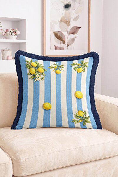 Realhomes Lemon and Floral Motif Striped Mediterranean Style Fringed Throw Pi...