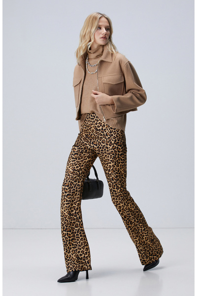 Network Kahverengi Camel Leopar Desenli Pantolon