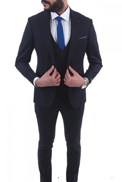 Jan Carlucci Slim Fit Pointed Collar-Double Slit Plain Navy Blue Drop 6 Vest ...