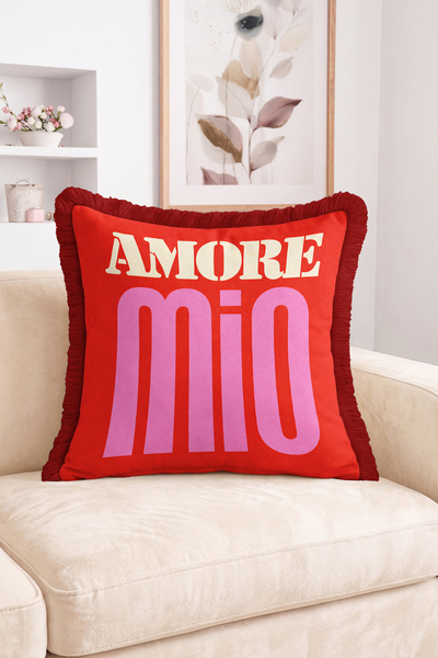 Realhomes Amore Mio Written Large Typography Design Fringed Throw Pillow Cove...
