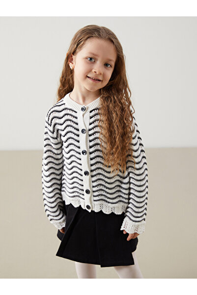 LC Waikiki Two Mt Shop Quality Lcw Kids Black Knitwear Striped Girls' Cardigan