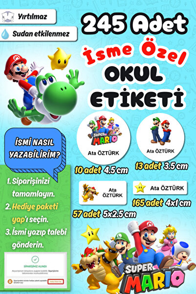 Sticker Ekspres Okul Etiketi Super Mario Kalem Defter Etiketi Özel İsim Yazıl...