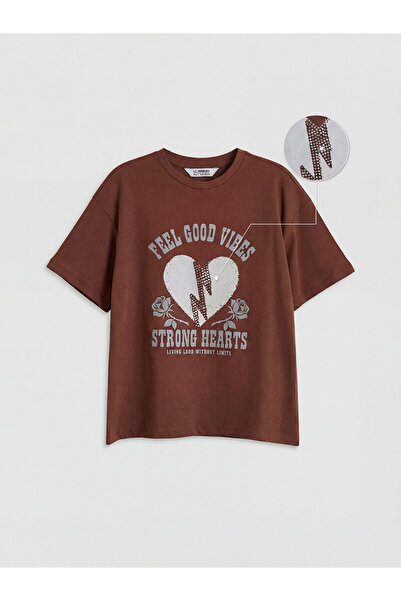 LC Waikiki Trendlucky Girl's T-Shirt with Stone Detail and Printed Pattern